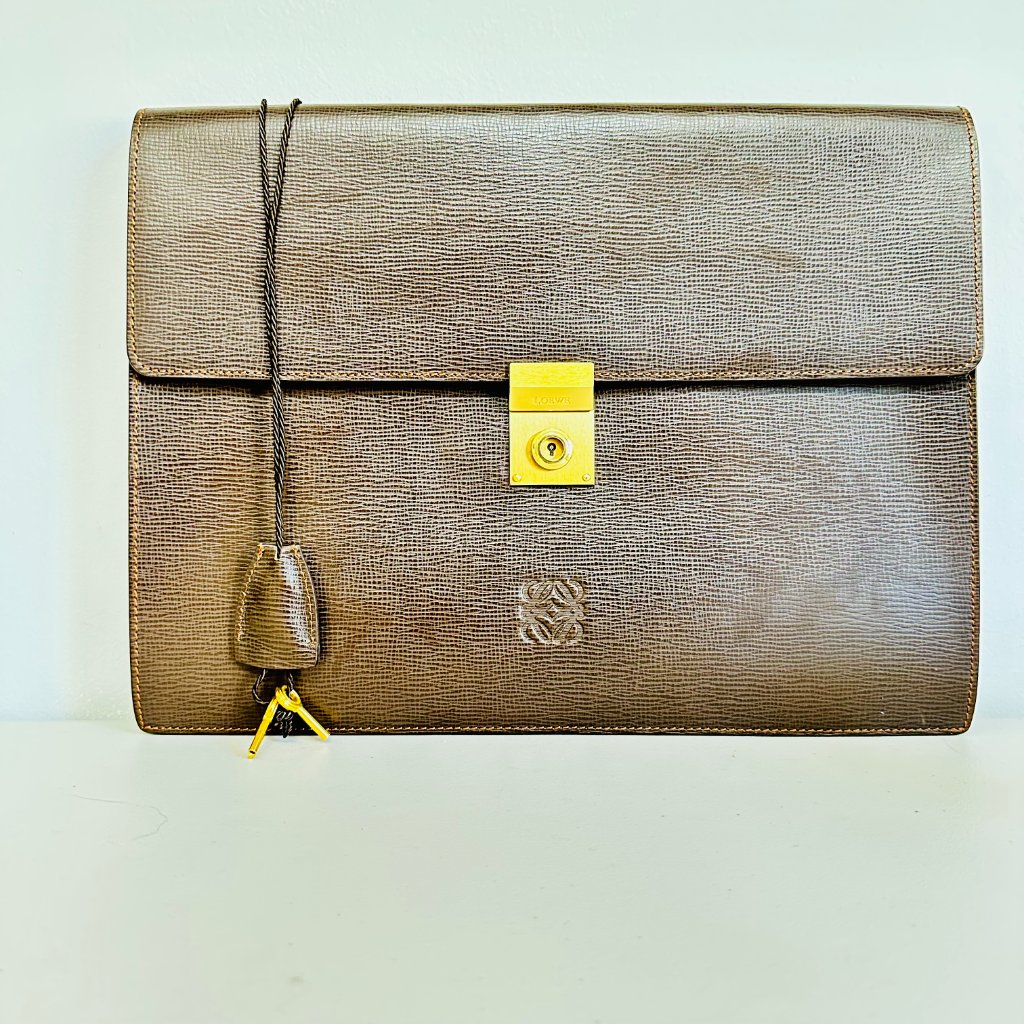 Like New Authentic Loewe Brown Leather Document Case Clutch With Clochette Rare